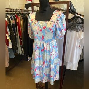 Blue Floral Puff-Sleeve Tiered Dress